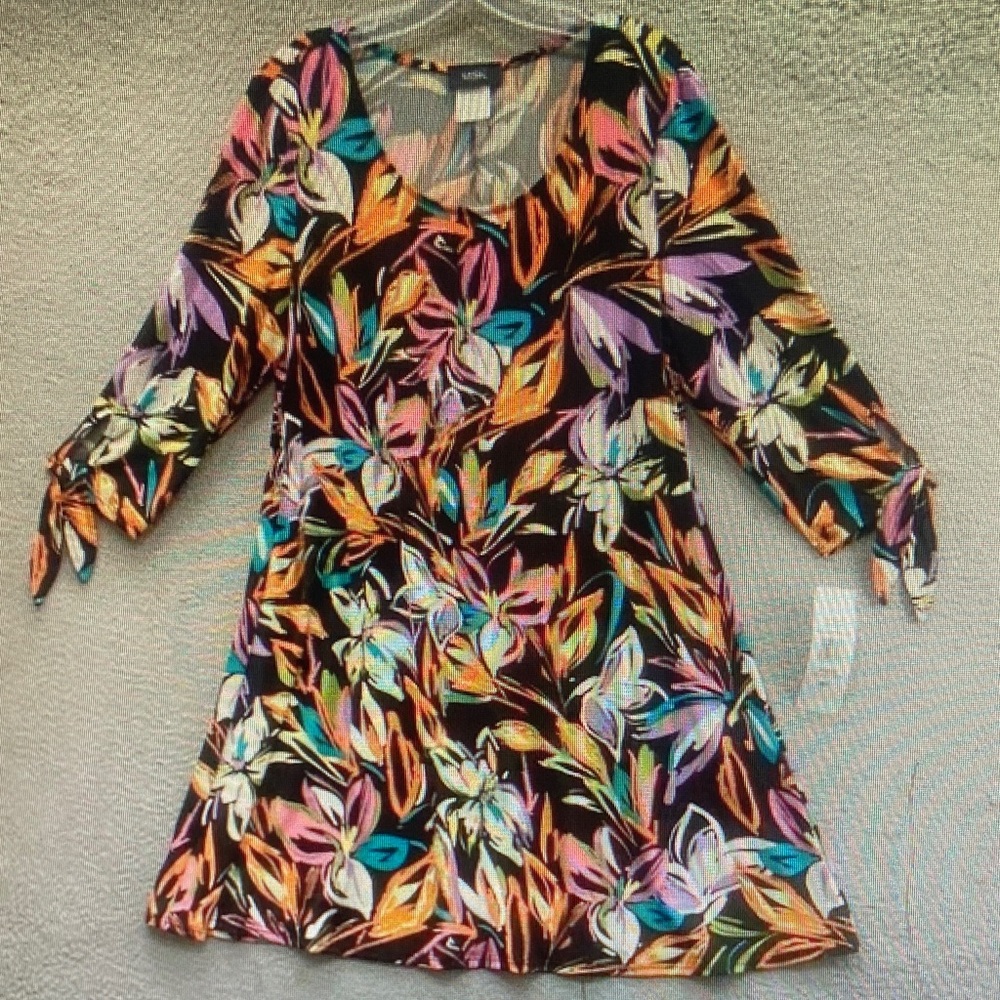 MSK Women's Sz L Floral Dress Black Pastel Multicolor Scoop Neck Tied Sleeves
